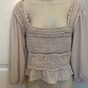 AMERICAN EAGLE taupe crochet peplum top